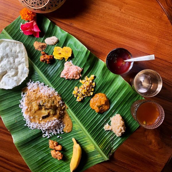 A traditional banana leaf meal served at Sappadu