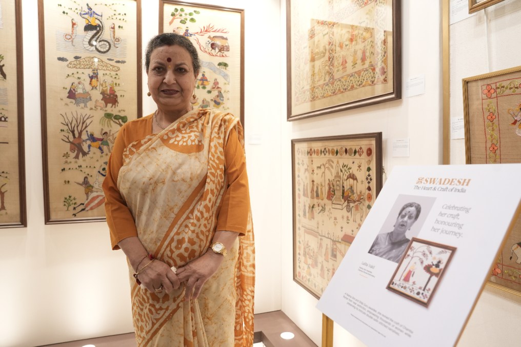 Chamba Rumal artisan Lalita Vakil next to her work at Swadesh exhibit