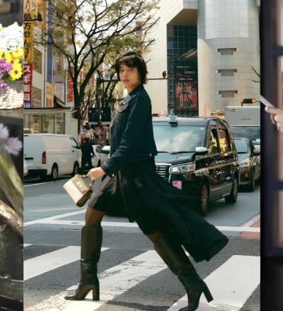A collage image of IRTH handbags. L to R: the blue Skye Tote, Birch Handheld, Sailor Handheld.