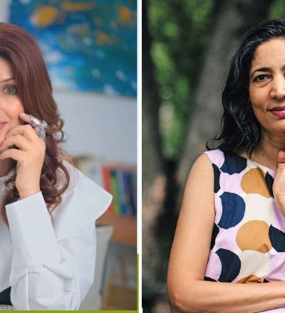 Collage of author Twinkle Khanna and Kiran Desai